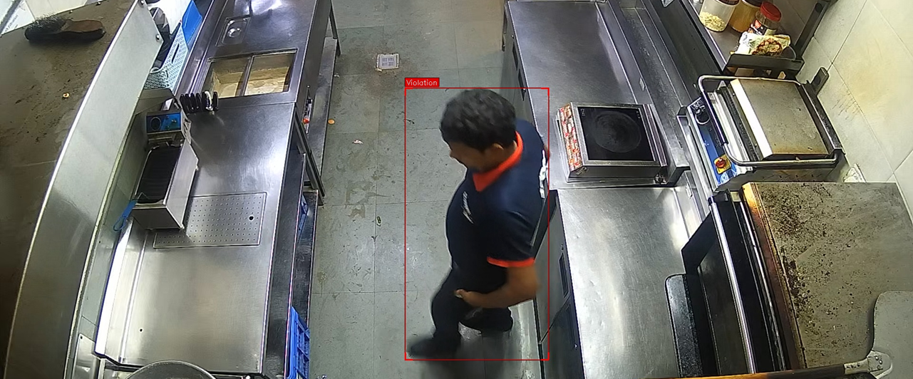 CCTV Patrol detecting a uniform/hygiene compliance violation in a kitchen